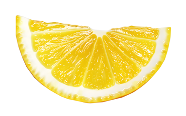 Ripe wedge of yellow lemon citrus fruit stand isolated on transparent background