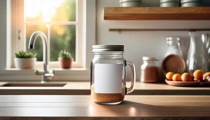 Mason Jar Filled with Flour and Blank Label on Kitchen Counter 