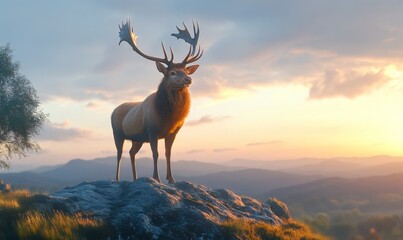 Fototapeta premium A deer stands on a rock overlooking mountains at sunset.
