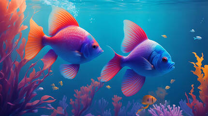 Fototapeta premium High quality gradient color fishes swimming colorful underwater illustration background.