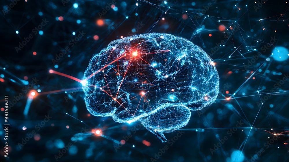 Poster a digital representation of a human brain with a neural network