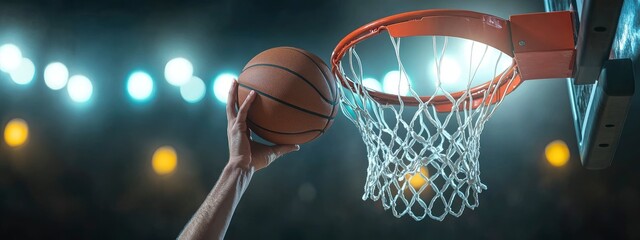 A basketball playerâ€™s hand guiding the ball into the hoop, soft motion blur from the dunk, stadium lights glowing
