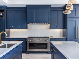 Fototapeta premium A kitchen with navy cabinets, grey countertops, and a white backsplash