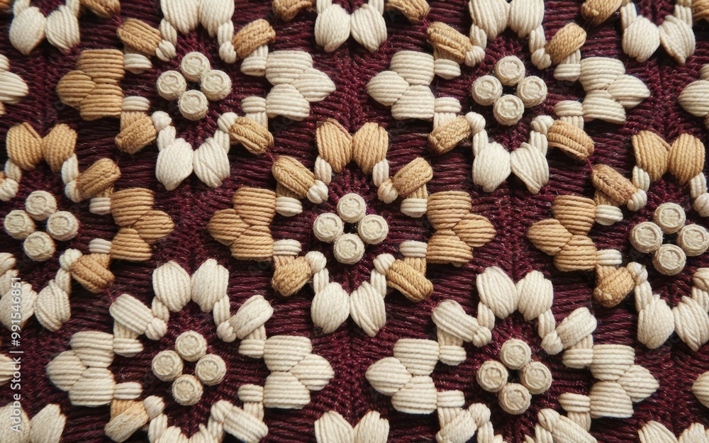Poster floral pattern fabric. close-up of a woven fabric with a repeating floral pattern in beige and cream
