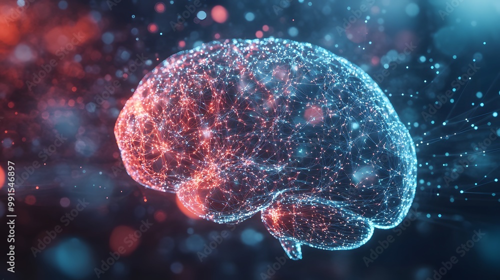 Poster a digital representation of the human brain with blue and red lines and nodes