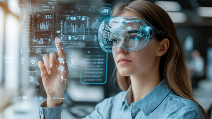 A woman wearing virtual reality glasses interacts with futuristic digital interface, showcasing advanced technology and data visualization. Her focused expression highlights immersive experience of mo