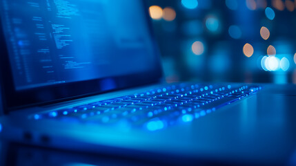 A laptop computer with a blue screen displaying code