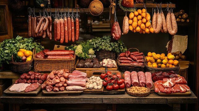 A vibrant butcher shop display featuring an array of fresh meats, including sausages, cuts of beef, and poultry, all neatly arranged against a rustic backdrop.