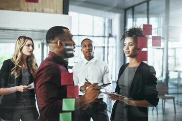 Sticky notes, corporate and discussion of group, office and collaboration of employees for stock market. Brainstorming, trader and people with ideas, ambitious and planning for investment opportunity