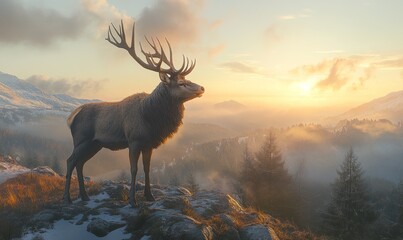 A majestic stag stands on a snowy mountain peak at