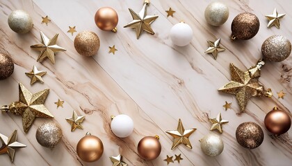 Obraz premium Subtle Festive Flat Lay Mockup Featuring a Hyper Realistic Top View with Scattered Christmas Baubles, Gold Stars, and a Minimalist 2025 Marquee. Graphic art illustration