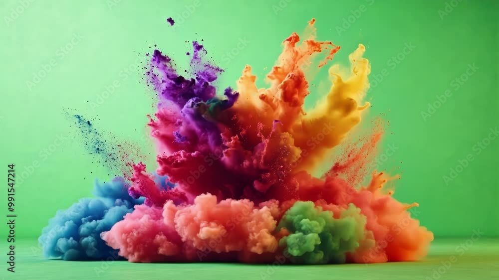 Poster vibrant burst of colorful powder exploding against a green screen, creating a dynamic and abstract v