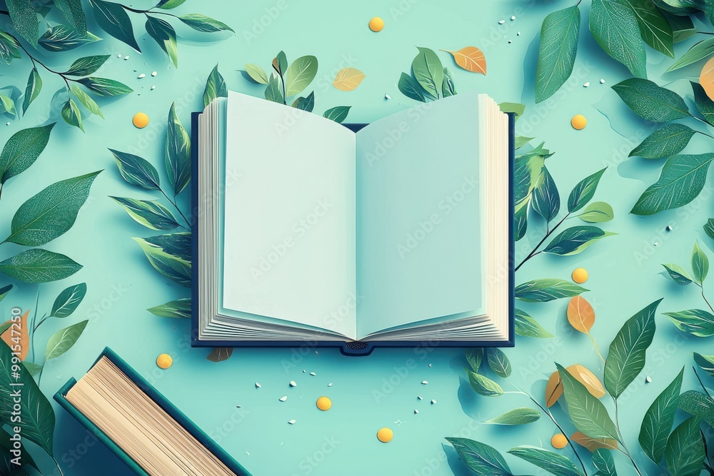 Poster open book with blank pages surrounded by vibrant green leaves on a turquoise background creating a s