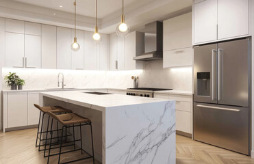 Fototapeta premium A large, spacious kitchen with white cabinets and a marble countertop island. The room is well-lit by pendant lights above the sink area.
