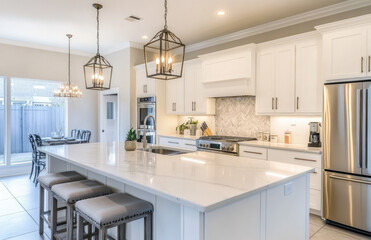 Fototapeta premium A large, spacious kitchen with white cabinets and a marble countertop island. The room is well-lit by pendant lights above the sink area.