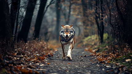 Angry lone wolf walking through a forest path, baring teeth in a fierce front-facing stance, perfect for a 4K wallpaper that captures the wild and untamed spirit of nature 