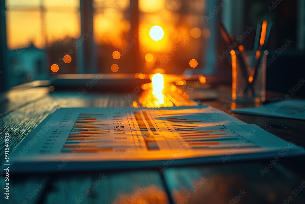 Poster a close-up image of a business chart on a desk with a blurred sunset backdrop.