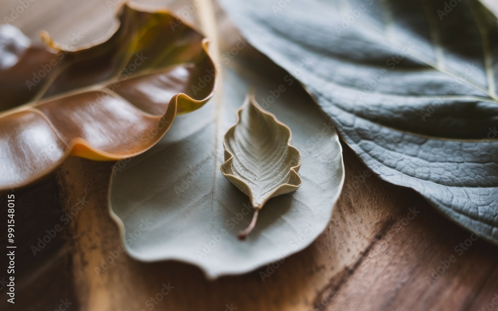 Poster leaves nature texture. closeup of leaves on a wooden background. different shades and patterns creat