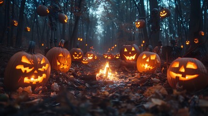 Obraz premium Teens sitting around a Halloween campfire, glowing jack-o-lanterns, skeletons hanging in the background, firelight casting dramatic shadows on their faces, the dark forest looming behind,