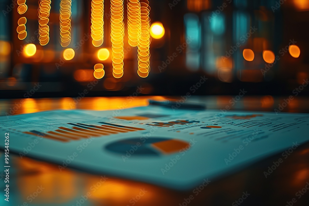Poster a close-up of a financial report with graphs and charts, lying on a table with a blurry background o