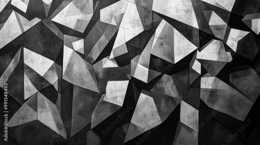 Poster interlocking polygonal structures in a monochromatic palette