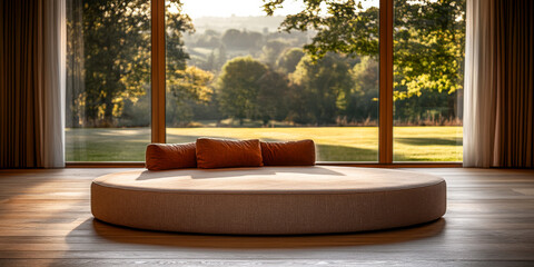 A modern circular seating arrangement in a serene living space with a stunning view of nature during daylight hours