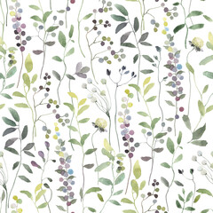 Floral seamless pattern with delicate abstract plants and berries, isolated watercolor illustration for textile, wallpapers, fabric or template for background. Colorful hand drawn print. 