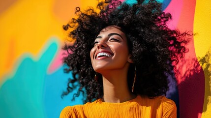 A vibrant image of a woman with curly hair bouncing freely in the wind, embodying joy and freedom, set against a colorful outdoor backdrop
