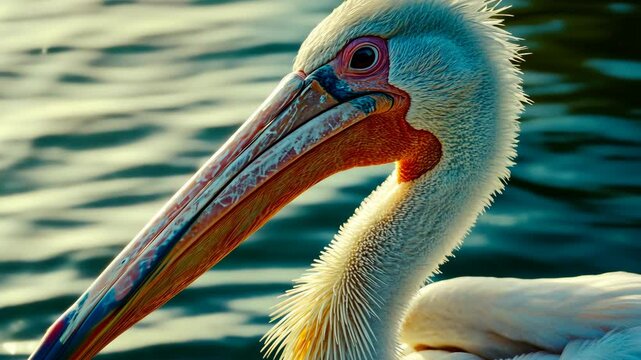 A pelican with a long orange beak rests on the water, its eye reflecting the blue hues of the lake