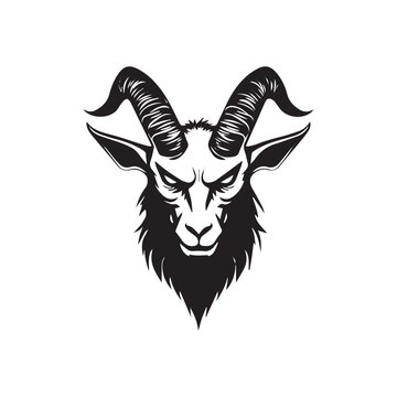 recommend clip art: Black and white vector logo of the head of a angry goat
