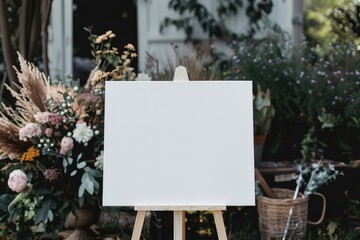 A white canvas is propped up on a wooden stand in a room with plants, generative ai image