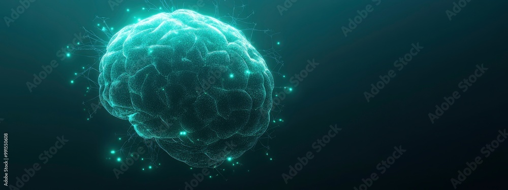 Poster a digital brain interface with glowing neural patterns, soft green and blue light reflecting off the