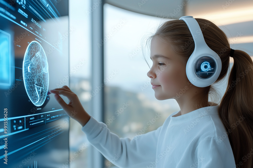 Wall mural A young girl interacts with futuristic touchscreen display, wearing advanced headphones. scene blends education and technology, showcasing modern learning environment