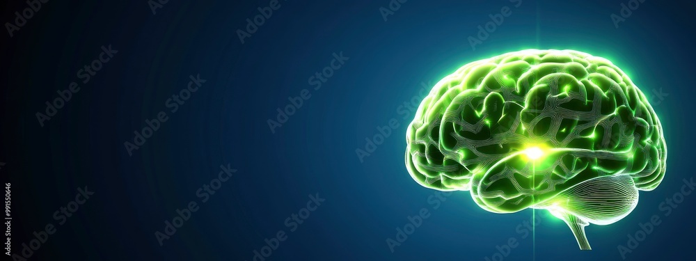 Poster a digital brain interface with glowing neural patterns, soft green and blue light reflecting off the