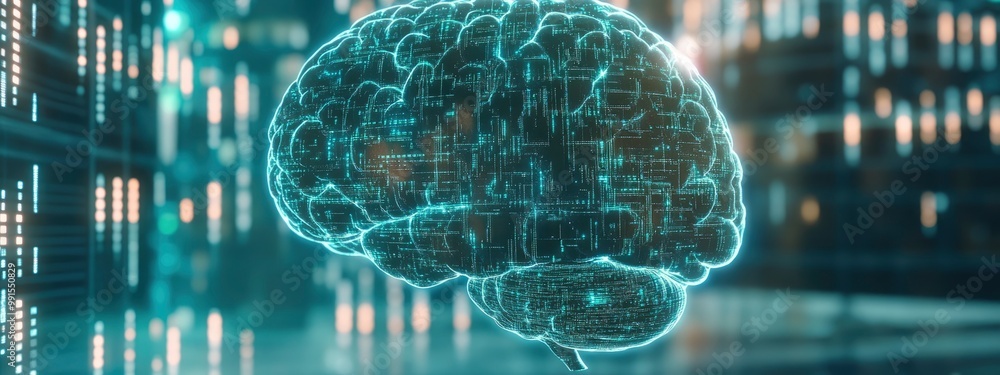 Poster a digital brain interface with glowing neural patterns, soft green and blue light reflecting off the