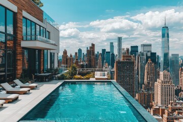 Naklejka premium Stunning city skyline view from rooftop pool with modern buildings and architecture