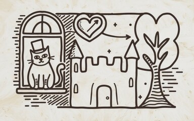 Obraz premium Cat in window with castle. Hand-drawn illustration of a cat wearing a hat looking out of a window at a castle in the distance. The cat is dreaming of adventure.