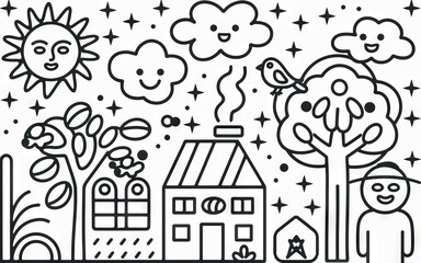 Fototapeta premium Cute house illustration. Hand-drawn illustration of a charming house, with a cheerful sun, happy clouds, a friendly tree, and a smiling man.