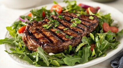 A whole steak with grill marks on a white platter, surrounded by fresh salad greens and a light vinaigrette, creating a fresh and appetizing presentation.