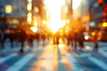 A blurry photo of a busy city street with people walking and cars driving, generative ai image
