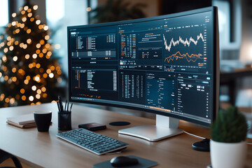 A modern workspace featuring large curved monitor displaying data analytics and financial charts, complemented by sleek keyboard and cozy atmosphere with Christmas tree in background