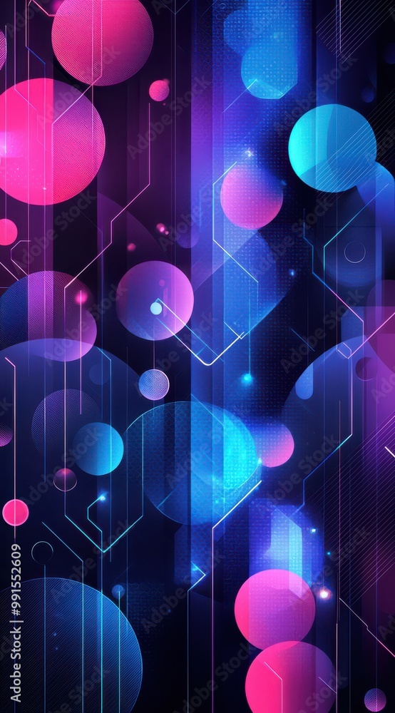 Poster abstract digital background featuring vibrant geometric shapes with neon circles and lines for mobil