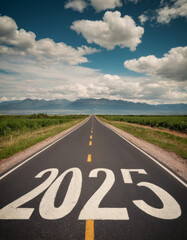 Road to 2025 with an empty road with written 2025 and arrow pointing towards the horizon to represent the future and positivity and success of the new year 2025