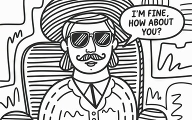 Cool dude sunglasses. Person wearing sunglasses and a hat, relaxed, casual, chill,  smiling, friendly, confident,  saying "I'm fine, how about you."