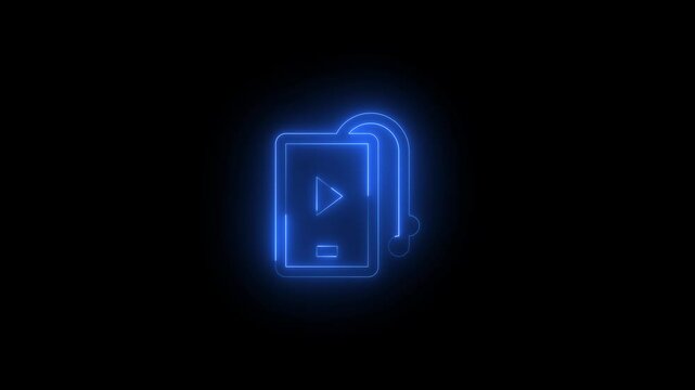 Neon multimedia PMP icon blue glowing black background animation