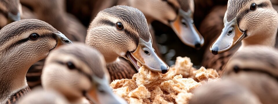 A flock of ducks eating bread by a pond, water gently rippling, soft warm light from the afternoon sun