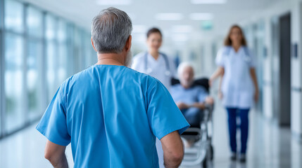Fototapeta premium Caring nursing staff assist elderly residents in modern healthcare facility, showcasing compassion and professionalism in their roles