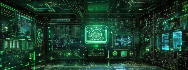 Fototapeta premium A futuristic control panel with biometric scanning, glowing softly with green and blue lights