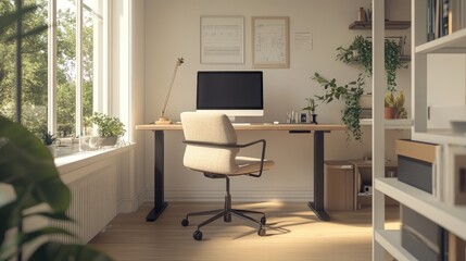 An elegant home office setup with a minimalistic desk, ergonomic chair, and decorative items, showcasing a cozy yet productive atmosphere.