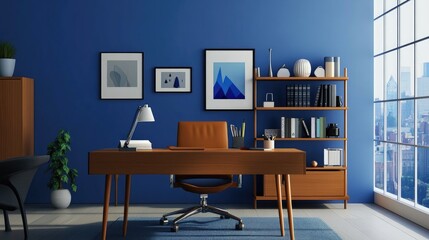 An elegant home office setup with a minimalistic desk, ergonomic chair, and decorative items, showcasing a cozy yet productive atmosphere.